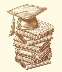 Hand drawn sketch drawing of stack of books and graduate cap. Concept of obtaining higher education