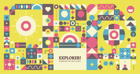 Abstract geometric background. Seamless abstract geometric pattern. Rounded, circle, semi-circle, line, diamond, square, star, and triangle shapes. Colorful vector illustration.