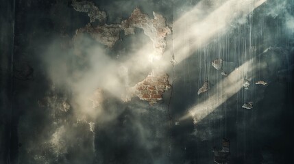 Eerie Dark Spotlight Piercing Through Smoke on a Stained, Decrepit Wall