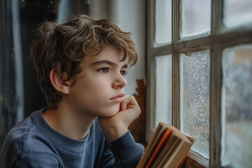 Fototapeta na wymiar Pensive boy looking out a rainy window with an open book in his hand