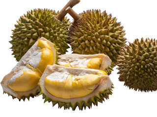 Thai fresh durian riped, durian peel on white background isolate , durian king of fruit with clip...