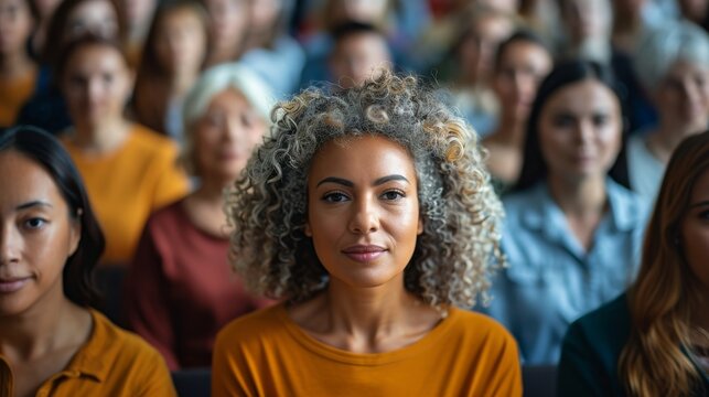 Attentive audience in conference room listens to diverse group at life insurance seminar led by presenter with slides