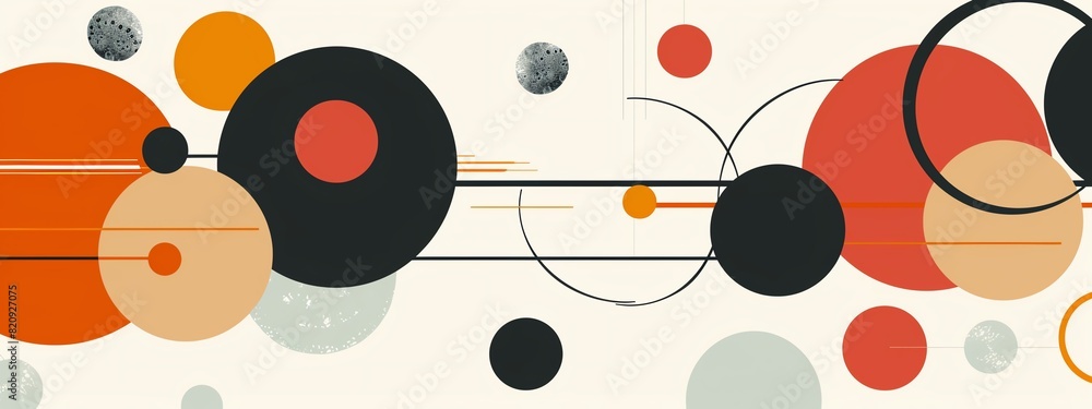Poster abstract geometric composition with overlapping circles and lines in earthy tones of orange and blac