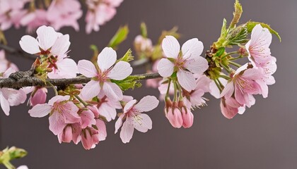 pink spring cherry blossom flowers on a tree branch isolated against a flat background
