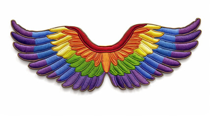 Obraz premium Embroidered Pride Badge with Vibrant Rainbow Wings and Bold Lettering on a White Background