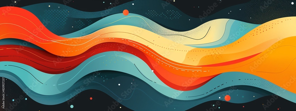 Poster vibrant abstract wave pattern with colorful flowing lines on a dark background, perfect for modern a