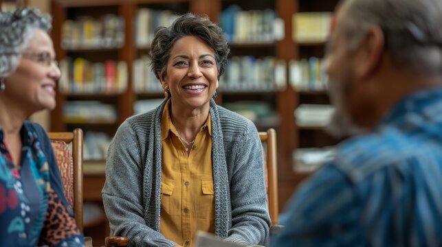 A diverse group at the community center engages in a conversation about life insurance benefits with brochures