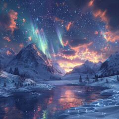 aurora in white snow, snow mountains, rivers, snow storms, colorful stars twinkling