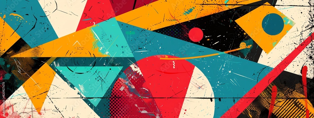 Poster colorful abstract geometric shapes with a modern, vibrant design and dynamic elements, creating a bo
