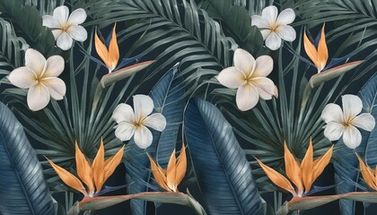 tropical seamless pattern with exotic leaves strelitzia flowers hibiscus and plumeria vintage texture floral background dark watercolor 3d illustration for luxury wallpapers tapestry mural
