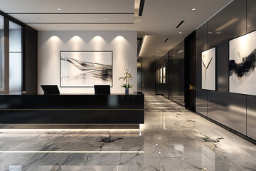 A contemporary office reception showcasing a sleek black and white color scheme, a glossy reception...