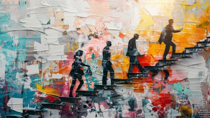 Naklejka premium A painting of four people walking up a set of stairs