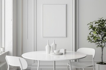 Clean lines and pure white decor define a minimalist dining area