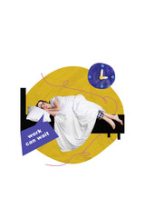 Vertical collage artwork photo poster of sleepy girl enjoy peaceful sweet dreams late for work...