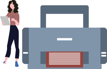 A girl is standing next to a video game.