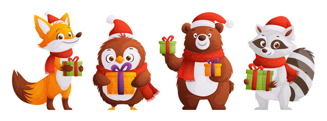 Cute cartoon animals with Christmas gifts - fox, penguin, bear and raccoon in holiday hats and scarves. Ideal for Christmas cards and holiday decor.