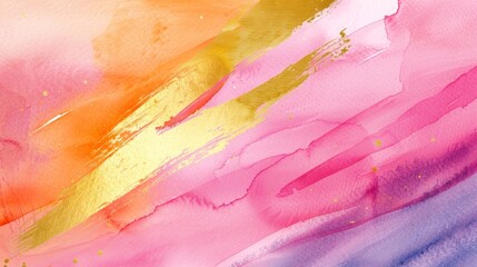A simple abstract watercolor painting, random vibrant color wash, with one bold golden stripe in the center. Background features soft, flowing watercolor textures. Minimalist yet striking, hd