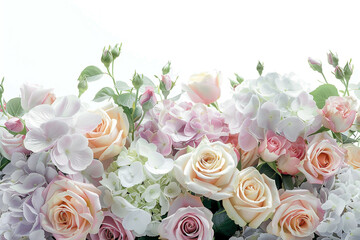 A delicate bouquet of pastel roses, peonies, and hydrangeas, gently swaying in a summer breeze against a solid white background, their soft hues and fragrant blooms invoking a sense of romance 