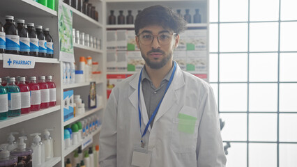 Handsome bearded pharmacist in lab coat standing indoors in a well-stocked pharmacy.