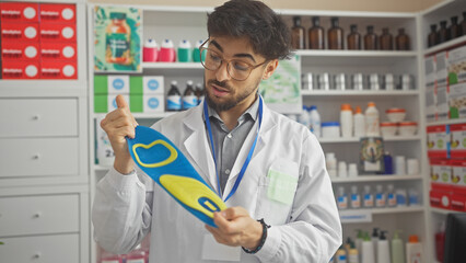 A young man examines orthopedic insoles in a bright pharmacy surrounded by medication shelves.