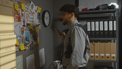 A man with a beard examines a detective's pinboard in a cluttered office while holding a smartphone.