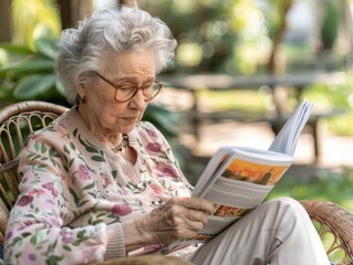 Obraz premium An elderly woman peacefully reads life insurance options in a garden setting with ample copy space