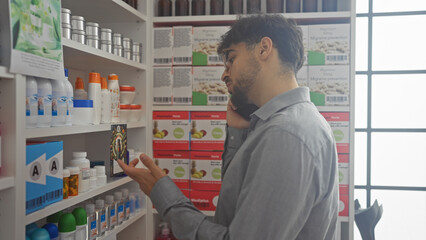 A young bearded man talks on the phone while browsing products in a pharmacy indoors