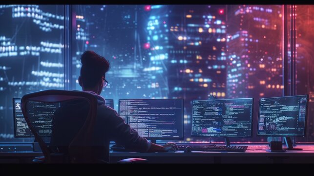 Back view of professional software developer coding program or engineering prompt. Skilled programmer typing computer and laptop while developing system with blurring background. Technology. AIG42.