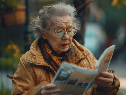 An elderly woman peacefully reads life insurance options in a garden setting with ample copy space around