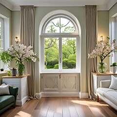 An elegant interior scene featuring window trim with modern design, highlighting its role in both function and decoration.