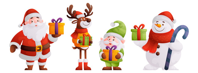 Santa Claus, reindeer, elf and snowman with Christmas gifts are holiday characters in New Years costumes. Ideal for seasonal cards and decorations.