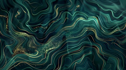 Obraz premium An abstract watercolor painting, random mix of dark blues, greens, and reds, with striking glowing gold lines forming a topographical map effect. Modern, disturbingly fluid abstract background.