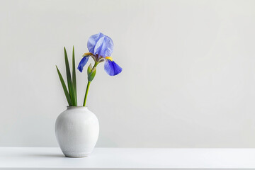 A minimalist arrangement featuring a single blue hydrangea bloom displayed in a modern ceramic vase against a solid white backdrop, its lush petals and clean lines adding a touch of modern elegance 