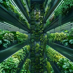Modern vertical indoor farm with lush green plants growing in stacked layers under artificial lighting in a controlled environment.