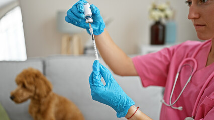Young caucasian woman with dog veterinarian preparing vaccine at veterinary clinic