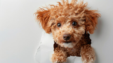 Adorable red Poodle dog sticking its head out of hole in white paper isolated on plain white background created with Generative AI Technology