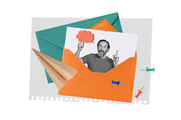 Poster banner magazine collage of mature man have contact with friends have great idea what write in letter