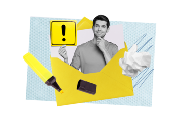 Mockup poster collage of minded guy writing postal postage letter with yellow exclamation sign announce hazard