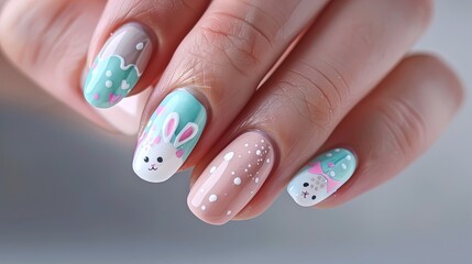 Colorful Easter-themed nail art with bunnies and eggs. Close-up shot of hand with pastel and festive nail design. Spring celebration concept for nail salons and beauty blogs.