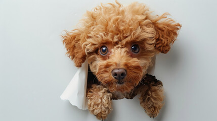 Adorable red Poodle dog sticking its head out of hole in white paper isolated on plain white background created with Generative AI Technology