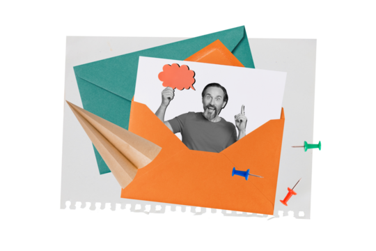 Poster banner magazine collage of mature man have contact with friends have great idea what write in letter