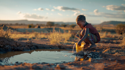 A little black African girl fills a bucket with water from a pond. The action takes place in an arid landscape, the girl's bare feet are in the water