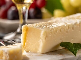 Cheese closeup next to wine glass. Concept of appetizer in an exquisite gourmet restaurant. Fine food.