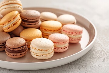 Beautiful Macarons in Various Flavors on a Simple Elegant Plate