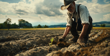 A sad farmer checks the crops. Crop failure on dry land in drought. A man in a cowboy hat is sowing seeds in a field - Powered by Adobe
