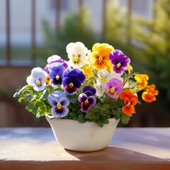 Colorful pansies in a white pot basking in sunlight, showcasing vibrant purple, yellow, and orange flowers on a sunny patio.
