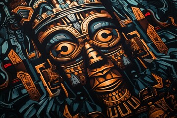 Detailed illustration of an ancient tribal mask with intricate patterns and metallic colors, representing rich cultural heritage and art.