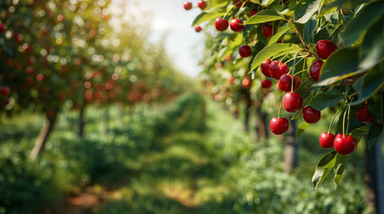 Orchard in Summer Featuring Rows of Cherry Trees Laden with Ripe Red Cherries