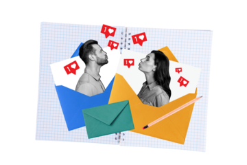 Collage inspiration photo poster two people couple send air kisses inside envelope love correspondence romantic lettering