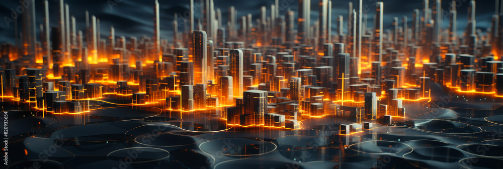 Poster futuristic cyber cityscape with glowing lights and data distribution flow visualization